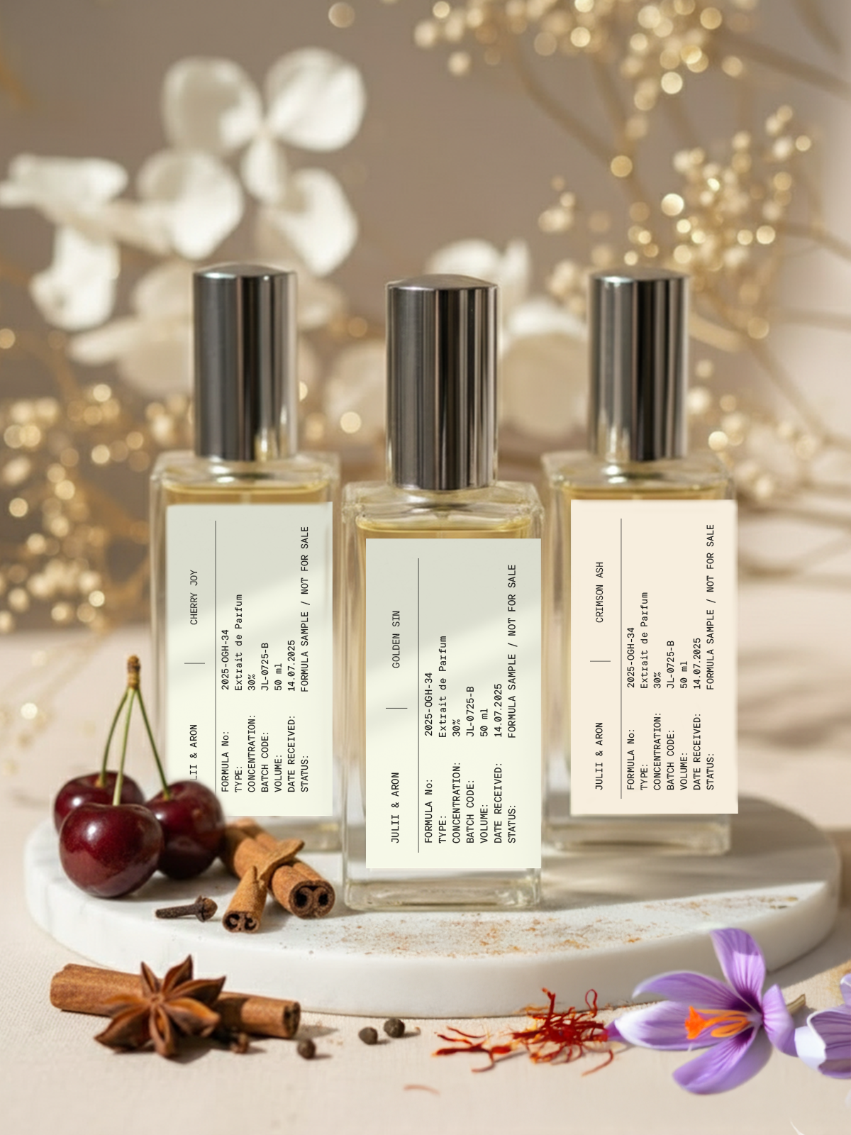 Sample set No. 13 “Cherry Veil” — Cherry Joy / Golden Sin / Crimson Ash