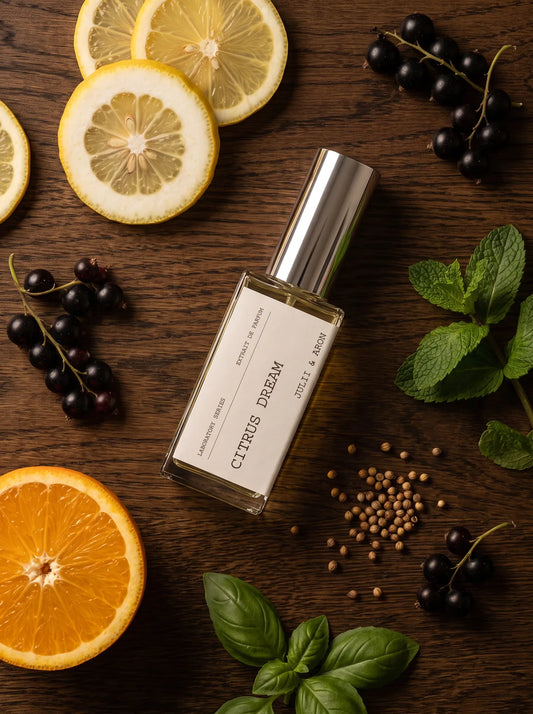 Citrus Dream Parfum von Julii & Aron – Flatlay mit Zitrusfrüchten, Johannisbeeren und Kräutern