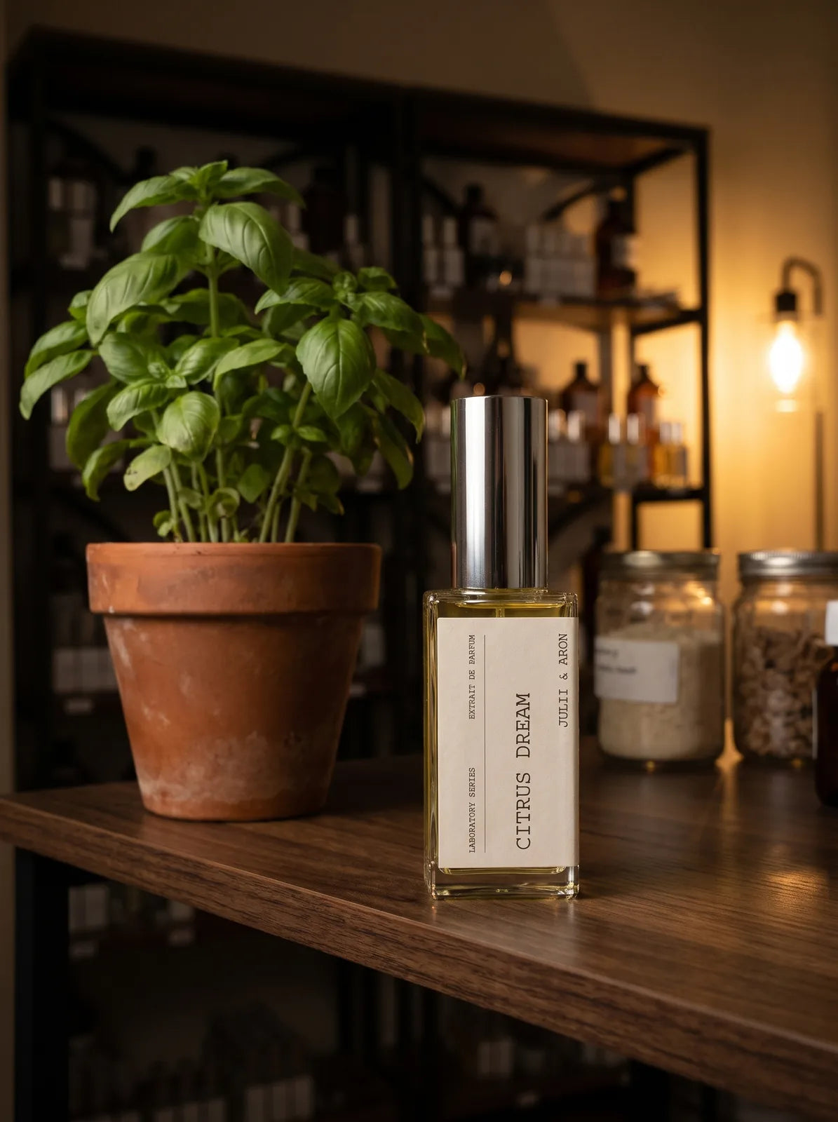 Citrus Dream Parfum von Julii & Aron – Flakon im Regal mit Basilikum