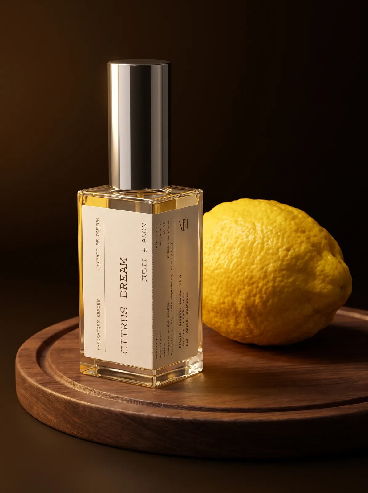 Citrus Dream Parfum von Julii & Aron – Flakon mit Zitrone auf Holzteller